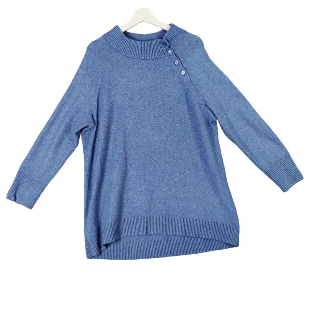 TALBOTS Mock Neck Sweater Women Size 1X Buttons Blue Preppy Neutral Minimal Cozy